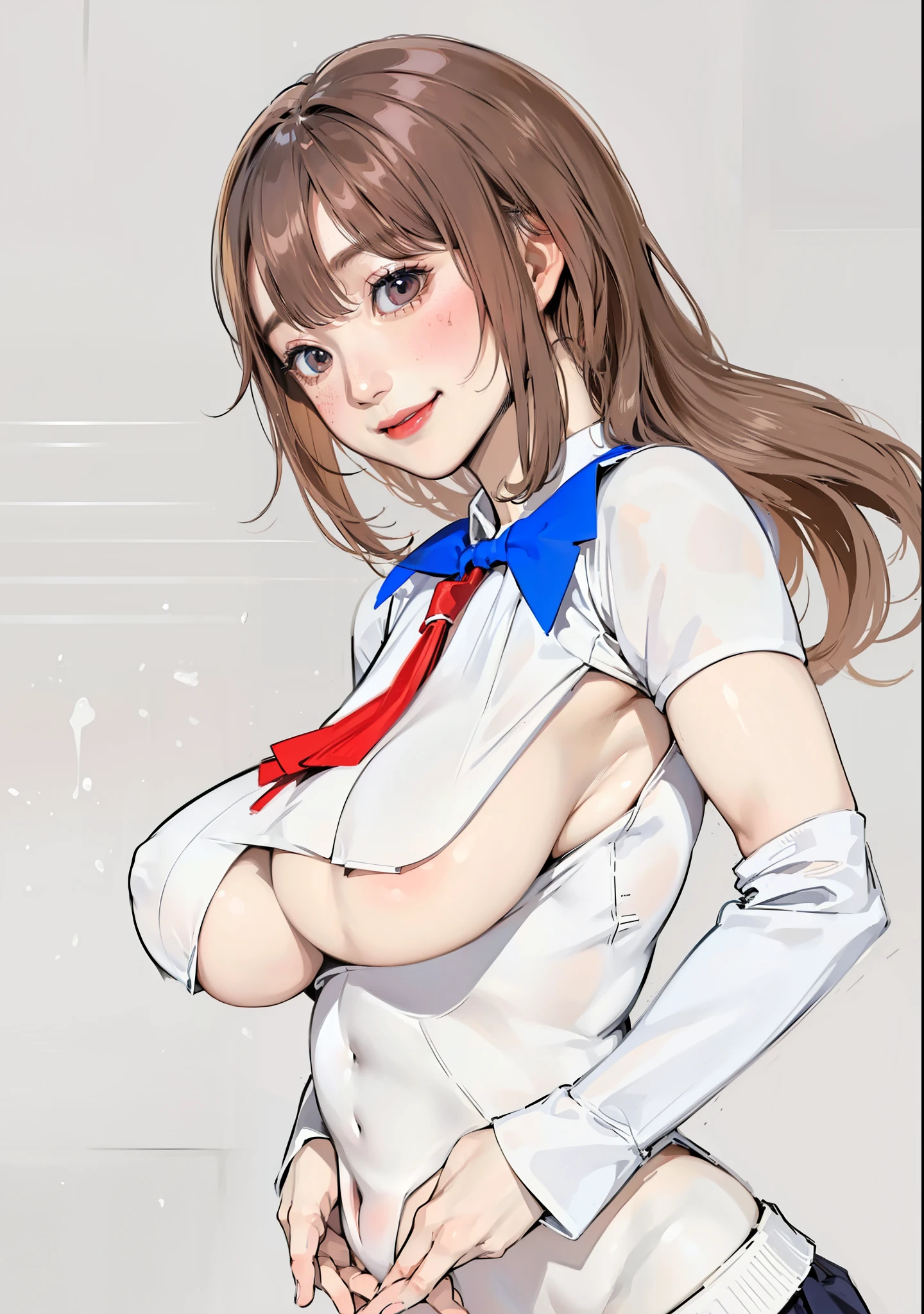 (8K、RAWE Photo、highest quality、masterpiece:1.2)、(real、photorealistic:1.37)、1 beautiful Japan schoolgirl、small face:1.2、perfect body、18-year-old、Sexy uniform、large breasts:1.8、(((breasts aport:1.8, Long milk:1.8, saggy breasts:1.8、underboob、Are thin)))、underboob、oily skin:1.5、thin、 (Sexy uniform with a slight view of the underside of the chest)、((目に見えるunderboob、Uniform with visible ribs and belly button))、Super miniskirt visible、((look at the audience))、Very blush、Smile、