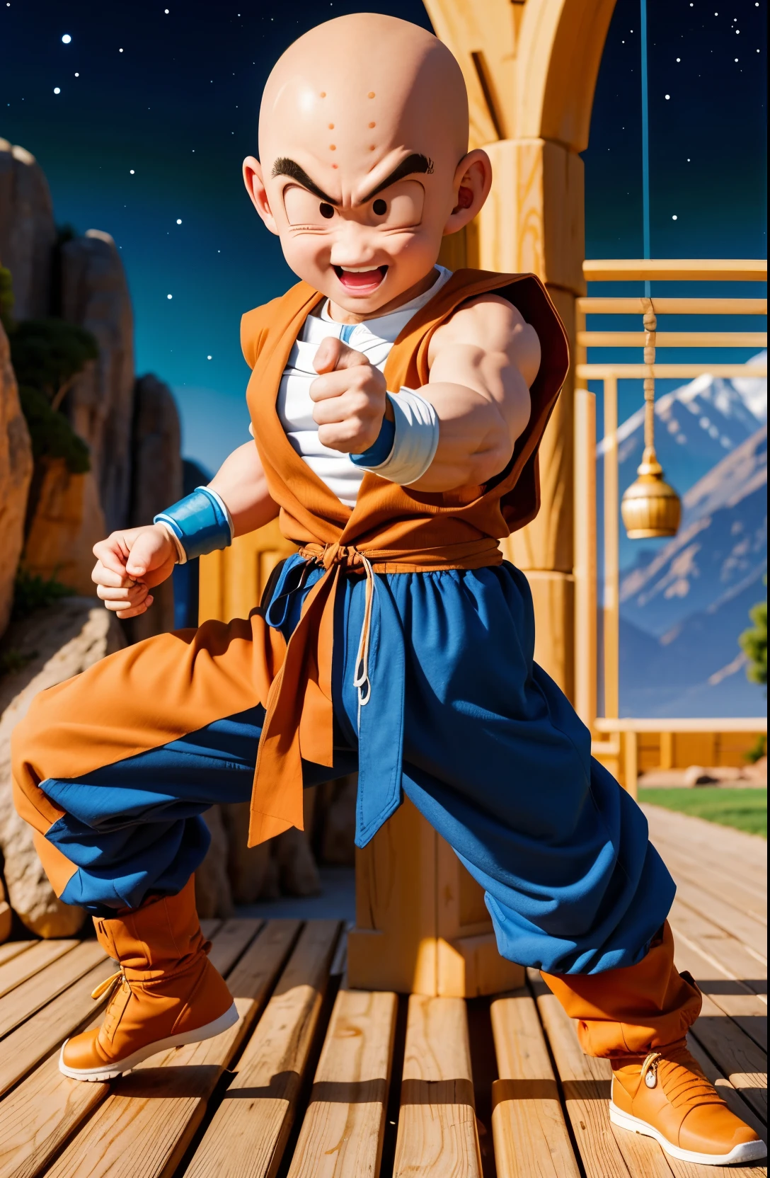 (8k, best quality, masterpiece:1.2), (finely detailed),krillin, 1boy,male focus,muscular male, solo,upper body, (bald), black eyes, orange dougi, looking at viewer,orange pants, blue sash,forehead mark, no nose,no sclera, rocky grassfields,(sleeveless), light smile,patch, blue wristbands,thumb up,  