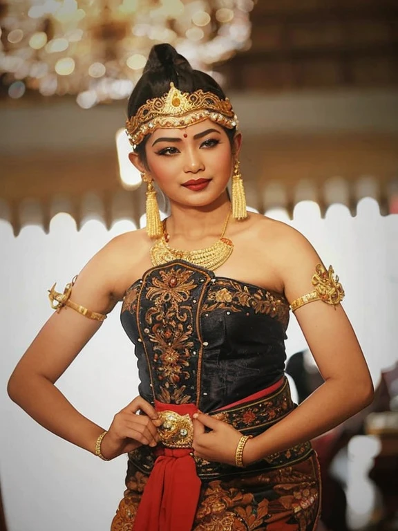 arafed woman in a traditional thai costume poses for a picture, traditional beauty, wearing an ornate outfit, inspired by I Ketut Soki, traditional dress, traditional makeup, sukhothai costume, traditional, wearing authentic attire, traditional costume, traditional clothes, inspired by reyna rochin, inspired by Sasha Putrya, wearing traditional garb