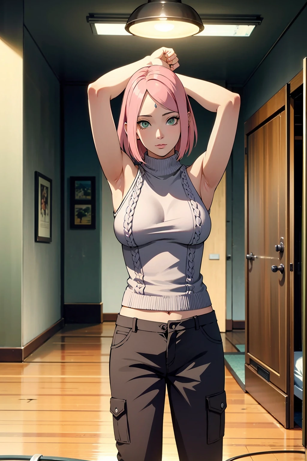 (Masterpiece:1.1) ,stunning realistic, best quality, Sharpness, 1 girl,sakura haruno, pink hair,green eyes,(dunkelblaue raute auf der stirn:1.2),(arms behind head:1.5),full body,(knitted sweater:1.5),(cargopants:1.2),sexy body,middle large breasts,