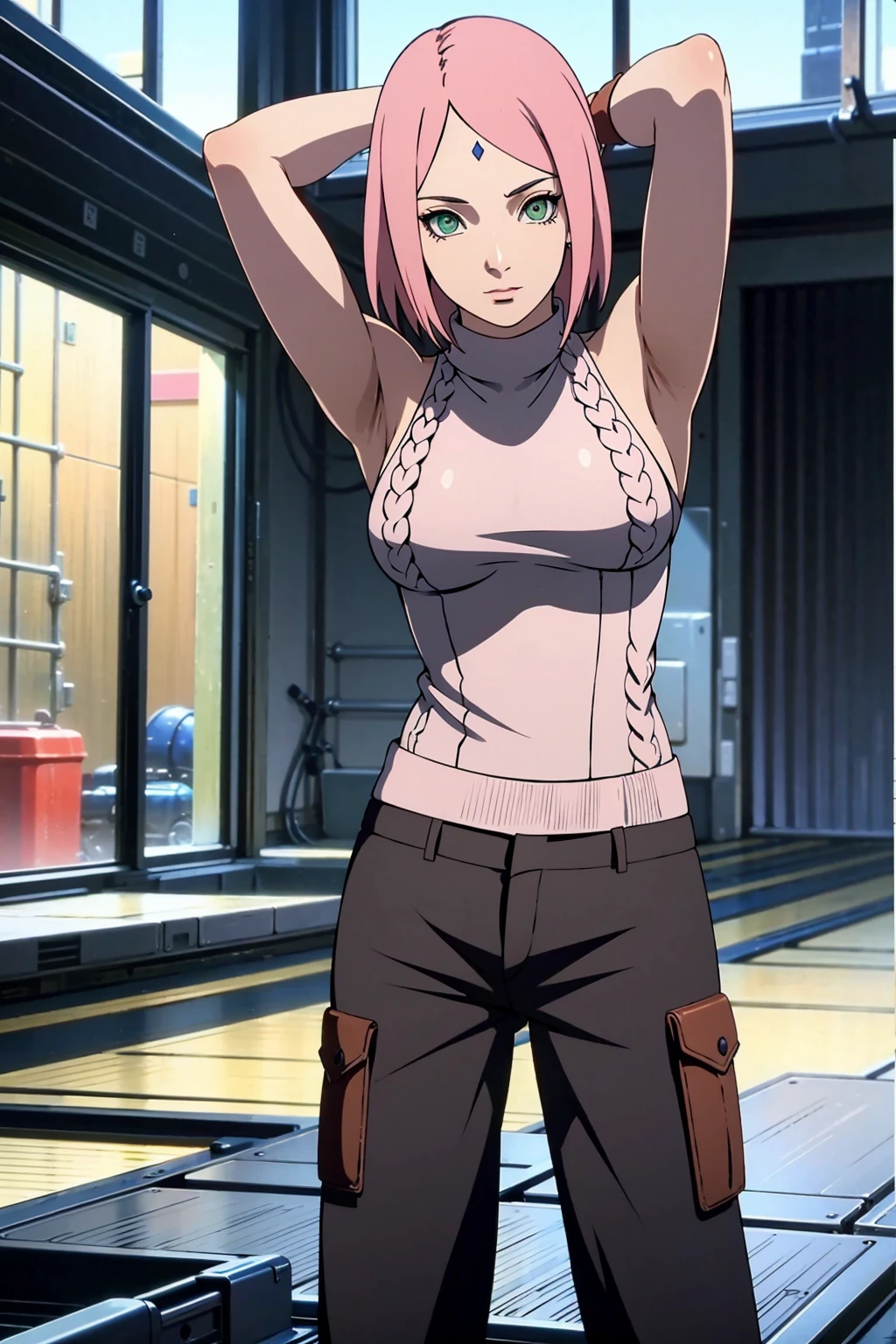 (Masterpiece:1.1) ,stunning realistic, best quality, Sharpness, 1 girl,sakura haruno, pink hair,green eyes,(dunkelblaue raute auf der stirn:1.2),(arms behind head:1.5),full body,(knitted sweater:1.5),(cargopants:1.2),sexy body,middle large breasts,