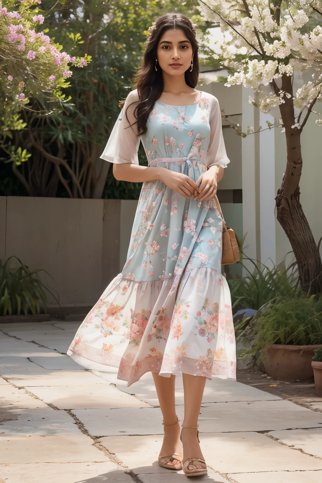 Design a dress inspired by the freshness of spring, with pastel hues, floral patterns, and light fabrics that convey Radha's connection to the rejuvenating season.