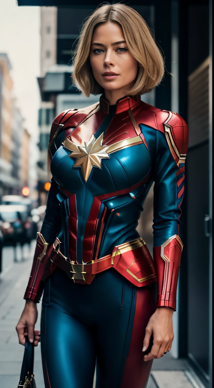 RAW photo of 50 years old Doutzen Kroes Wearing a high-quality Captain Marvel suit, on the city street, masterpiece, best quality, (photorealistic:1.4), full body, cinematic light, beautiful woman, medium breasts, platinum hair, (bob haircut:1.2), wrinkles on the face,