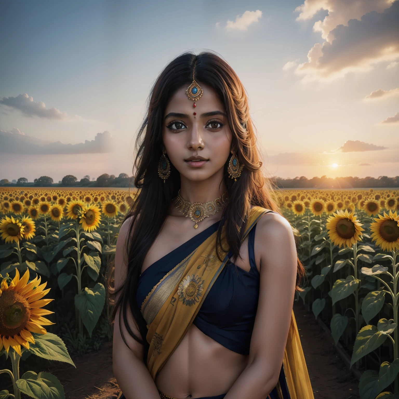 Beautiful portrait of a indian beautiful girl in sunflower farm, half body, Science fiction、 A detailed eye, Art Station, Sharp Focus, Photorealsitic, 35 mm, Ultra Detail, 4 k, radiant light