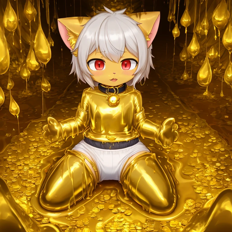 (4K,masterpiece:1.2),super detailed,a cat in diaper,collar,red pupils,cat ears,cat nose,soaked in golden slime,into the slime,Thighs covered with golden mucus,Golden Slime，kneeling，The ground is piled with gold, silver and jewelry，gold coins