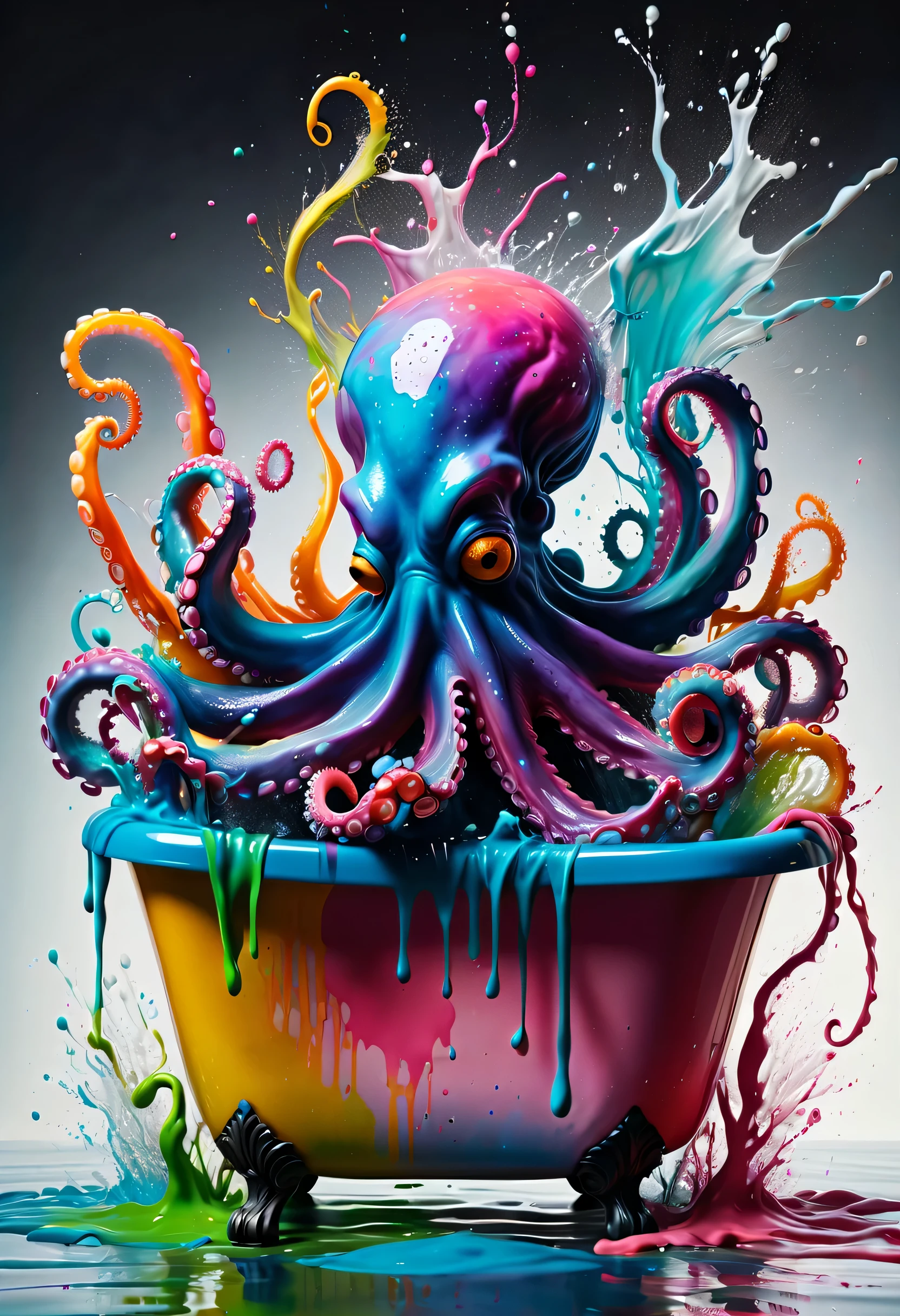 (best picture quality,4K,8k,HD,masterpiece:1.2),Super detailed,(lifelike,lifelike,lifelike:1.37)。ink painting,艺术masterpiece,gentlemen. Octopus in glass bathtub,Angry octopus sprays colorful ink,Tentacle holds brush,(Ink splash effect:1.37,splatted paint:1.37.Colorful paint splash,paint splatter background,)Energetic movement,Dynamic and powerful abstract art,colorful,propylene,Vivid rainbow hues,Joyful and lively atmosphere,Bright orange,pink,Whimsical and dreamy,spontaneous splash,bold color contrast。