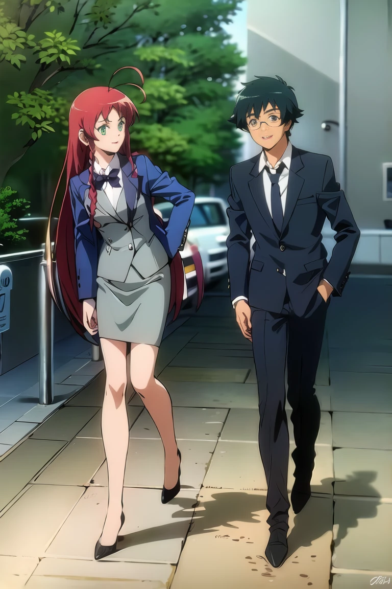 ((best quality)), ((masterpiece)), (detailed), perfect face, 1girl, 1boy, (glasses,,suit,) yusa emi, maou sadao,walking on the sidewalk, couple, looking at another, happy,    highres, absurdres,