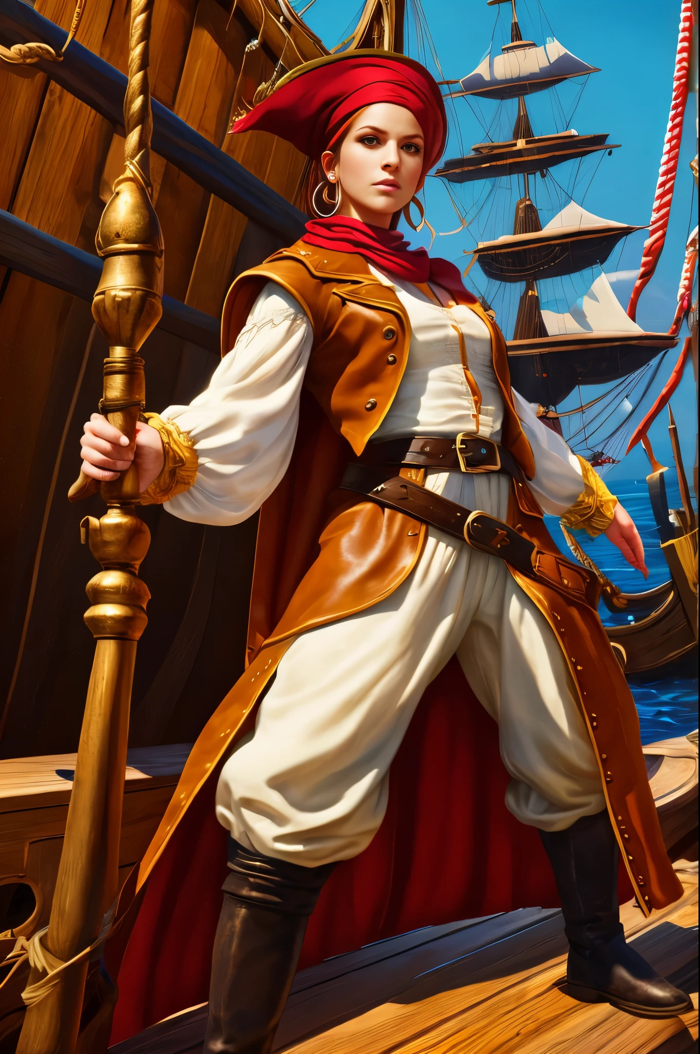 Female 17th century pirate, mid 30s woman, wavy shoulder length red hair, red bandanna, large gold hoop earrings, puffy long sleeved white shirt, brown leather vest, belt, large square belt buckle, long brown pantaloons, worn leather boots, period dress, dirty clothes, holding a cutlass, dramatic pose, on deck aboard a pirate ship, caribbean island, painterly illustration, best quality, 8k, masterpiece