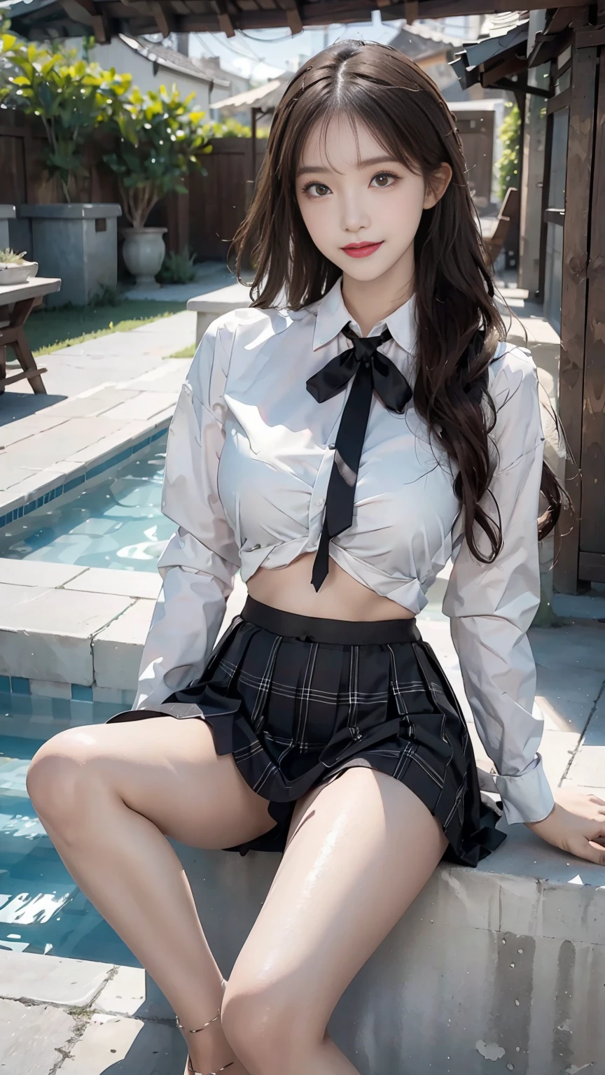 top quality, original photo, ultra high resolution, Korean, very large round breasts, split, light brown hair, School uniform, shirt, ribbon, Plaid skirt, Beautiful navel, Mouth is very thin, Smile,, beautiful eye details, long eyes, Three white eyes, Dark cheek makeup, long eyelashes, beautiful double eyelids, eye shadow, beautiful thin legs, Poolside, School