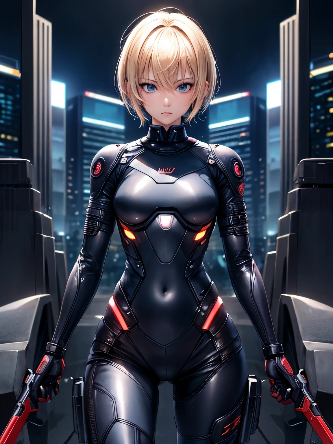 night,blonde,short hair,GANTZ Suit,have a weapon,Super high quality,masterpiece,super high quality,ultra high resolution,Highest image quality,superlative,highest quality,highest resolution,high quality,beautiful,beautiful,High quality,realな質感,real,8K,Fine-grained,