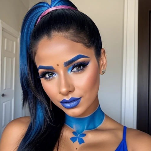 Sexy Latina woman,blue face makeup, ponytail,genie