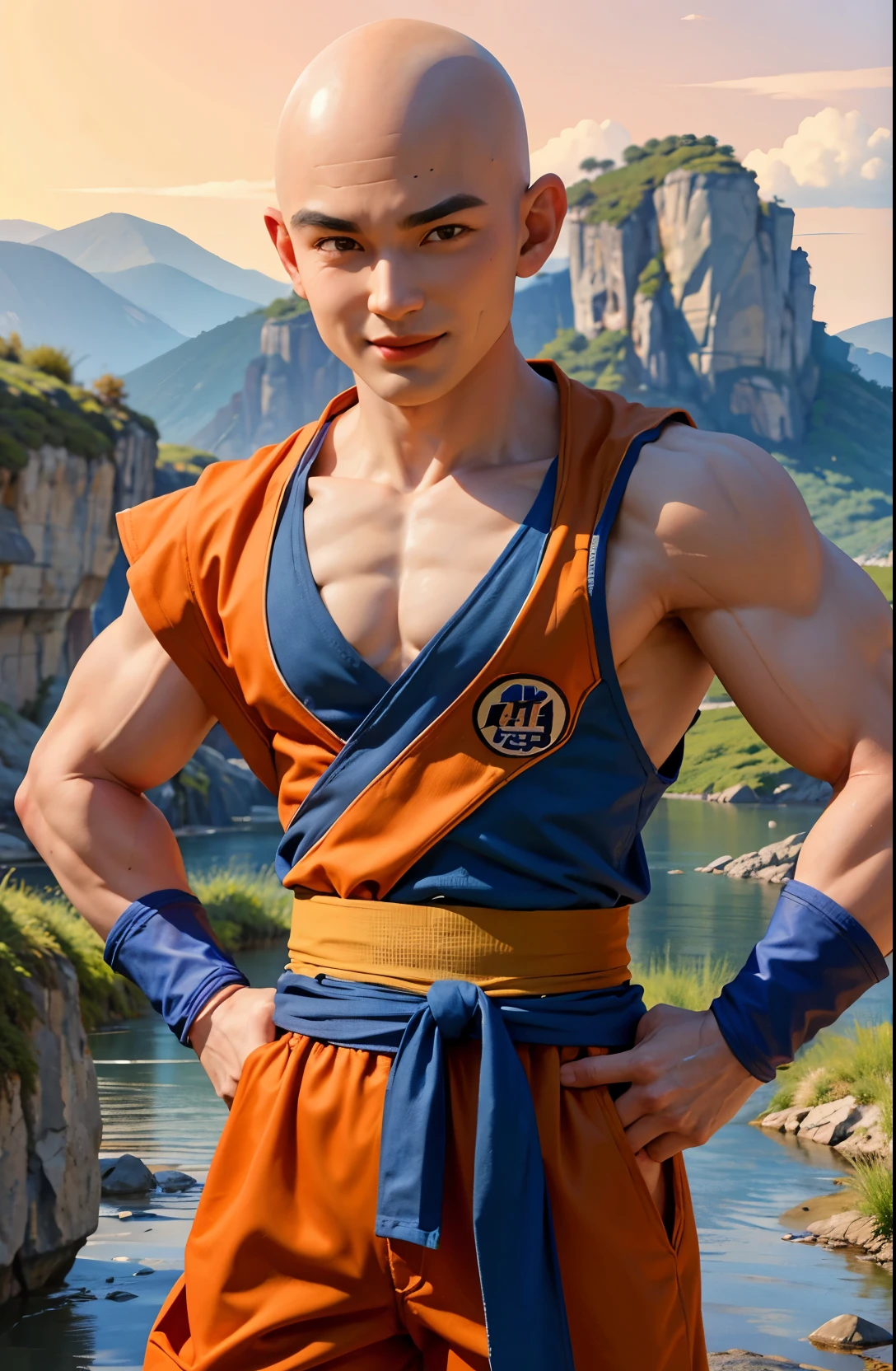 (8k, best quality, masterpiece:1.2), (finely detailed),krillin, 1boy,male focus,muscular male, solo,upper body, (bald), black eyes, orange dougi, looking at viewer,orange pants, blue sash,forehead mark, no nose,no sclera, rocky grassfields,(sleeveless), light smile,patch, blue wristbands,thumb up,  