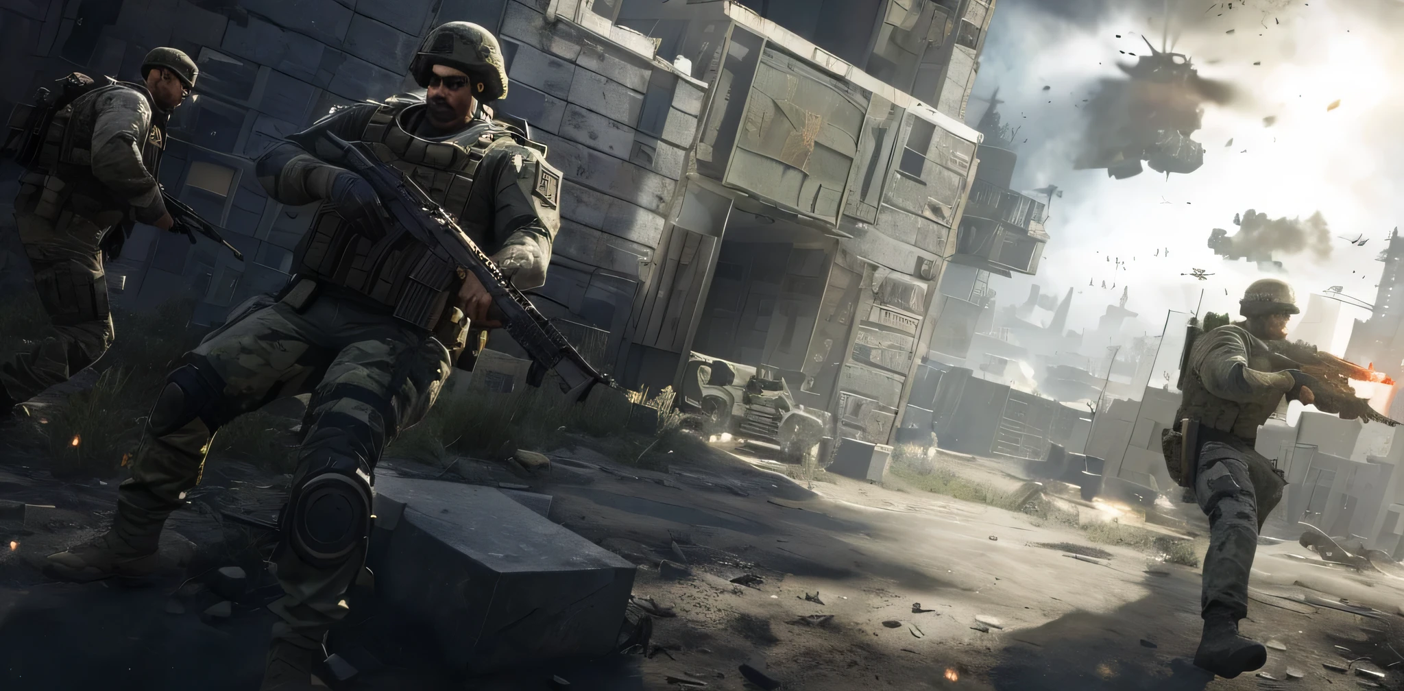 有Soldier和建筑物的城市,Soldier，Gunfight scenes， warzone background, Screenshot of Cod, Enter smoothly _ background, Available images, fps game concept art, Game screenshots, realistic content, c4, Violent conflict escalates, Game screenshots, concept art like ernest halimov, CS:go screenshot, military outpost