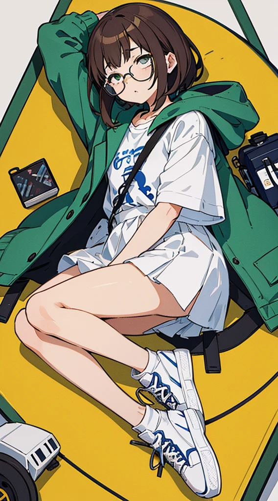 masterpiece,(highest quality),very detailed,超詳細なmasterpiece、anime style illustration、girl、brown hair、Sleeping、middle bottom、sneakers、green thin frame glasses、white mechanical backpack、blue collared coat、coat with geometric collar、White T-shirt inside（black logo）、two drones、downer、One-sided mechanism、background plain yellow