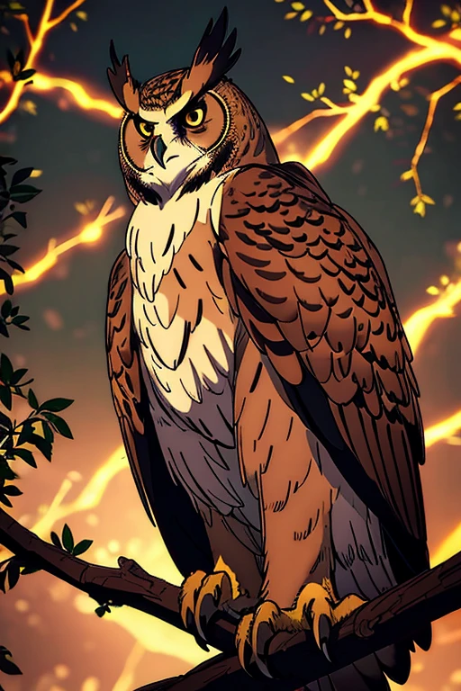 Eurasian eagle owl,brown eyes,bird of prey,sitting on a branch,nighttime,peaceful atmosphere,mappa art style,majestic,beautiful feathers,intense gaze,proud posture,imposing silhouette,sharp talons,feathery details,lush foliage surrounding the owl,dimly lit scene,dark color palette,dreamy ambiance,mystical aura,majestic creature