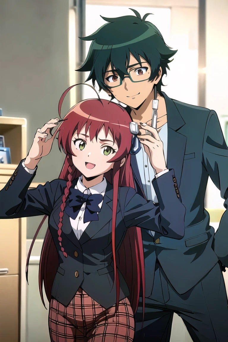 ((best quality)), ((masterpiece)), (detailed), perfect face, 1girl, 1boy, (glasses,,suit,) yusa emi, maou sadao, dinner, couple, looking at another, happy,    highres, absurdres,