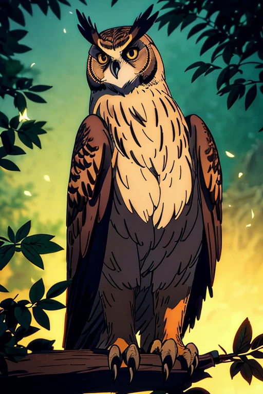 Eurasian eagle owl,brown eyes,bird of prey,sitting on a branch,nighttime,peaceful atmosphere,mappa art style,majestic,beautiful feathers,intense gaze,proud posture,imposing silhouette,sharp talons,feathery details,lush foliage surrounding the owl,dimly lit scene,dark color palette,dreamy ambiance,mystical aura,majestic creature