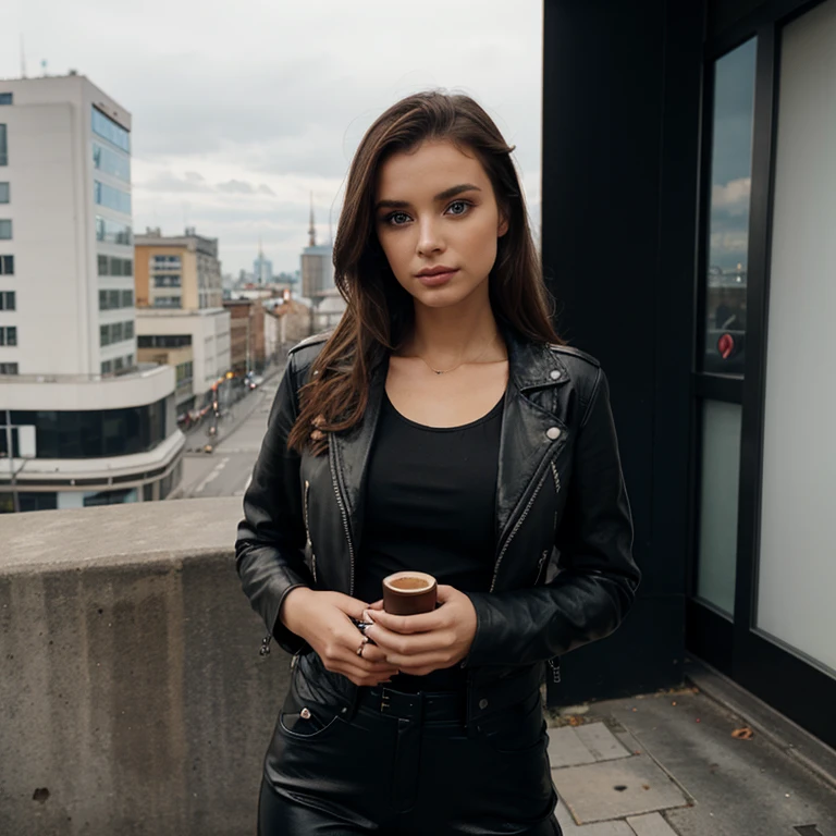 Albanian, girl, brown hair, blue eyes, black leather jacket, dark leather trousers, Berlin, shopping, modern apparel,  beautiful skyline, drinking espresso