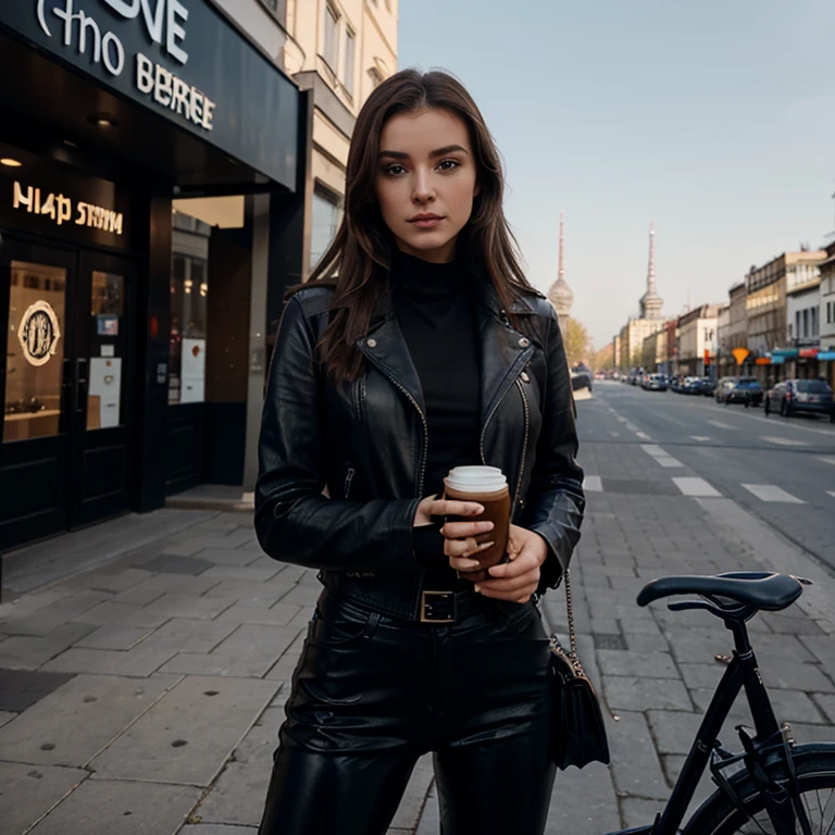 Albanian, girl, brown hair, blue eyes, black leather jacket, dark leather trousers, Berlin, shopping, modern apparel,  beautiful skyline, drinking espresso