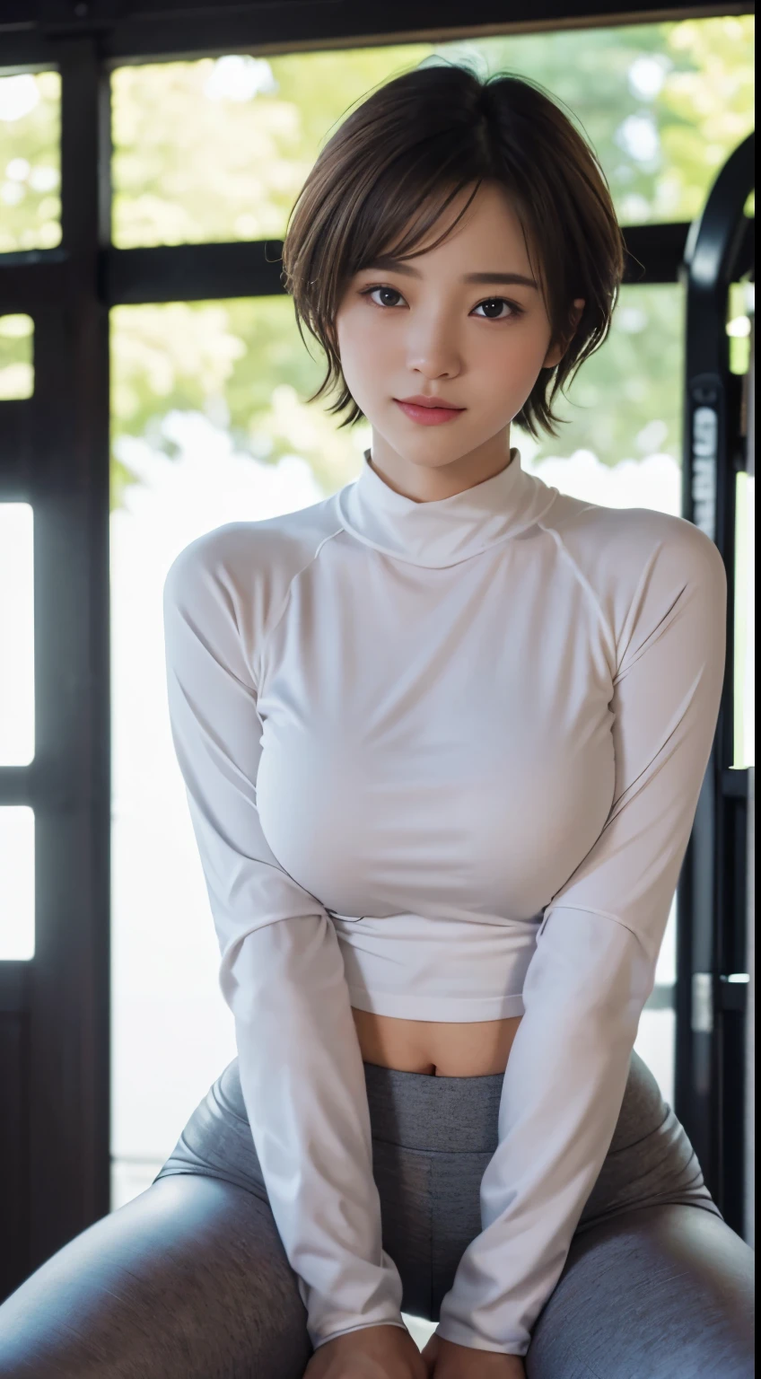 (masterpiece:1.3), (8K, Photoreal, RAW photo, best image quality: 1.4), Japanese high school girl、(Power Rack、ダンベルvery short hair、random hairstyle:1.2,Colorful yoga wear with long sleeves and high neck、Long pants leggings、sports shoes)、super detail face、pay attention to details、double eyelid、chest to chest、sharp focus:1.2、Beautiful woman:1.4、light brown hair、highest quality、masterpiece、ultra high resolution、(Photoreal:1.4、Being in the gym、Power Rack、big breasts)、Highly detailed and professional illuminated smile、thin、serious expression、short hair、deadly position,、on top of the wrap、Fancy wallpapers、full body shot