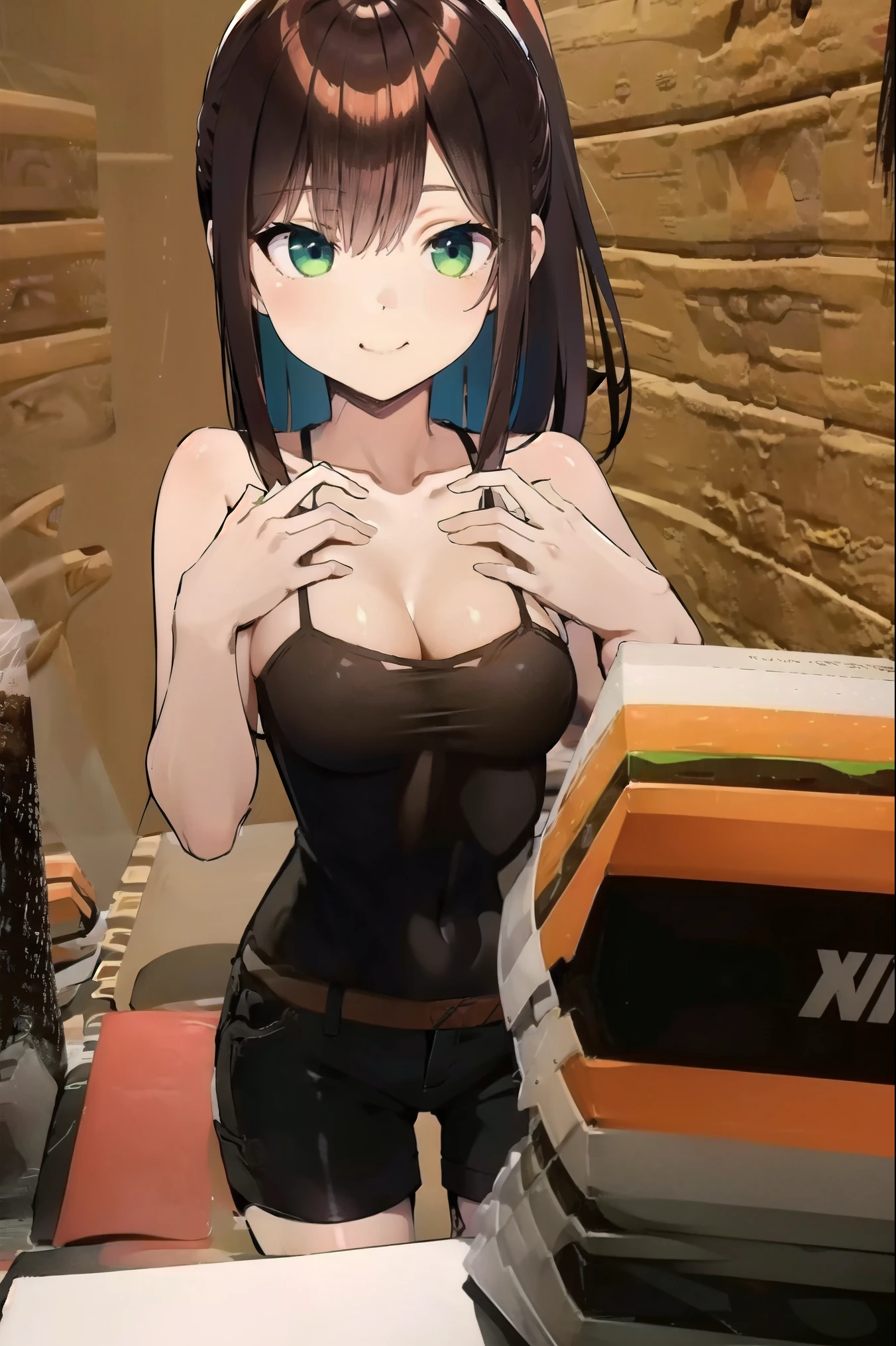 risaoneechan, risa oneechan, medium hair, bangs, (brown hair:1.2), (green eyes:1.2), ponytail, smile,
BREAK shorts, (camisole:1.2), cleavage,
BREAK outdoors, city,
BREAK looking at viewer, (cowboy shot:1.5),
BREAK (masterpiece:1.2), best quality, high resolution, unity 8k wallpaper, (illustration:0.8), (beautiful detailed eyes:1.6), extremely detailed face, perfect lighting, extremely detailed CG, (perfect hands, perfect anatomy),