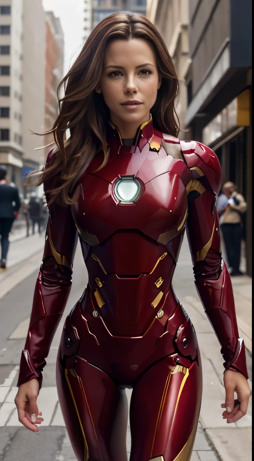 Foto hiperrealista en primer plano de Kate Beckinsale Wearing a high-quality Iron man suit, on the city street, masterpiece, best quality, (photorealistic:1.4), full body, cinematic light, beautiful woman, skinny, small breasts, straight brown hair, detailed face, smile, photo taken from a distance, age 20 tears old