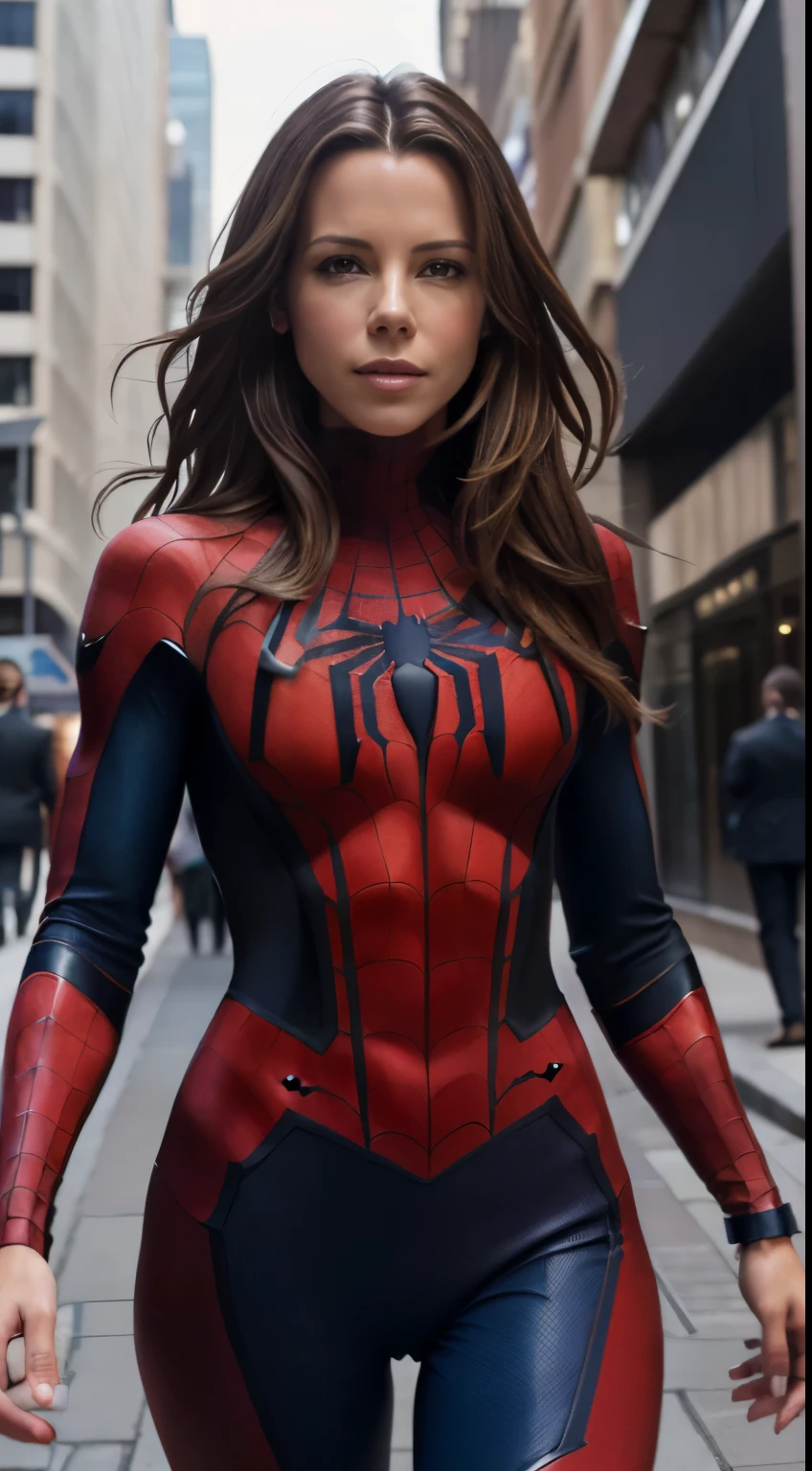Foto hiperrealista en primer plano de Kate Beckinsale Wearing a high-quality Spider man suit, on the city street, masterpiece, best quality, (photorealistic:1.4), full body, cinematic light, beautiful woman, skinny, small breasts, straight brown hair, detailed face, smile, photo taken from a distance, age 20 tears old