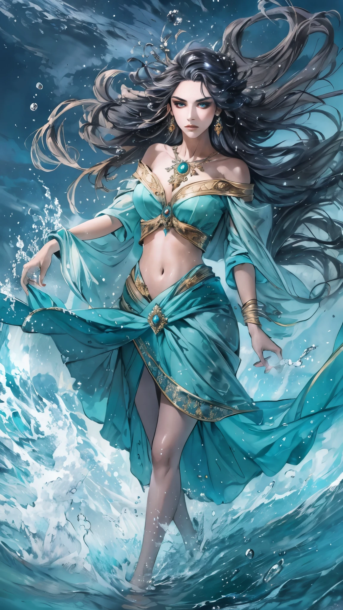 A beautiful woman with cascading waves of aqua-blue long hair, exquisite facial features, a melancholic expression, delicate and bright eyes, skin as smooth and radiant, her slender and graceful figure dances like water splashes in the wind, a splendid fantasy-style islander ethnic costume, a short skirt resembling ocean waves, her slender legs leap lightly above the water surface, surrounded by splashing droplets that dance in the air, this character embodies a finely crafted fantasy-style female dancer in anime style, exquisite and mature manga art style, high definition, best quality, highres, ultra-detailed, ultra-fine painting, extremely delicate, professional, anatomically correct, symmetrical face, extremely detailed eyes and face, high quality eyes, creativity, RAW photo, UHD, 8k, Natural light, cinematic lighting, masterpiece-anatomy-perfect, masterpiece:1.5