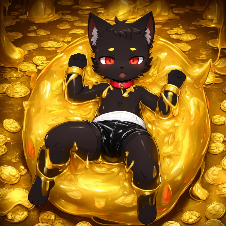 (4K,masterpiece:1.2),super detailed,A black cat in diaper,collar,red pupils,cat ears,cat nose,soaked in golden slime,into the slime,Thighs covered with golden mucus,Golden Slime,The ground is piled with gold, silver and jewelry,gold coins,lie on
