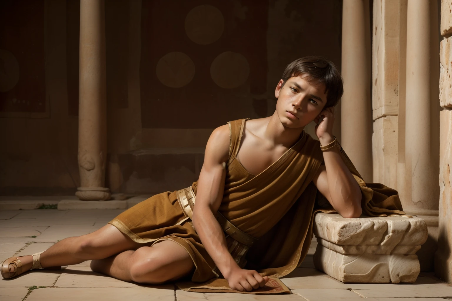 Rome, 77 BC. A young ((((15-year-old)) Julius Caesar)), sitting in a triclinium, ((sad expression)), hands on his ears. ((((roman clothings from the 1st century BC))))