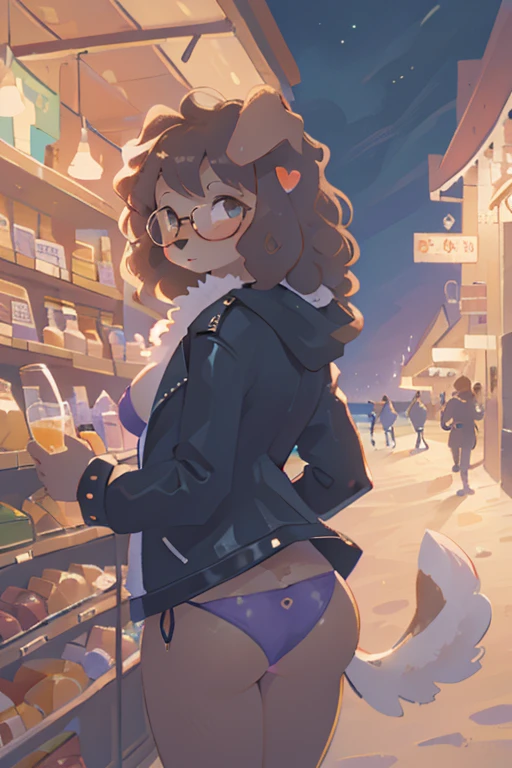 1girl, furry, anthro, canine, dog, poodle, female, dog_ears, curly_hair, black_fur, brown_fur brown_hair, curly_hair, floppy_ears, glasses, fat_ass, chest_fluff, fluffy_tail, night, open_jacket, leather_jacket, seaside, beach, thatched_roof, urban, purple bikini, general_store, sfw, shelves, food