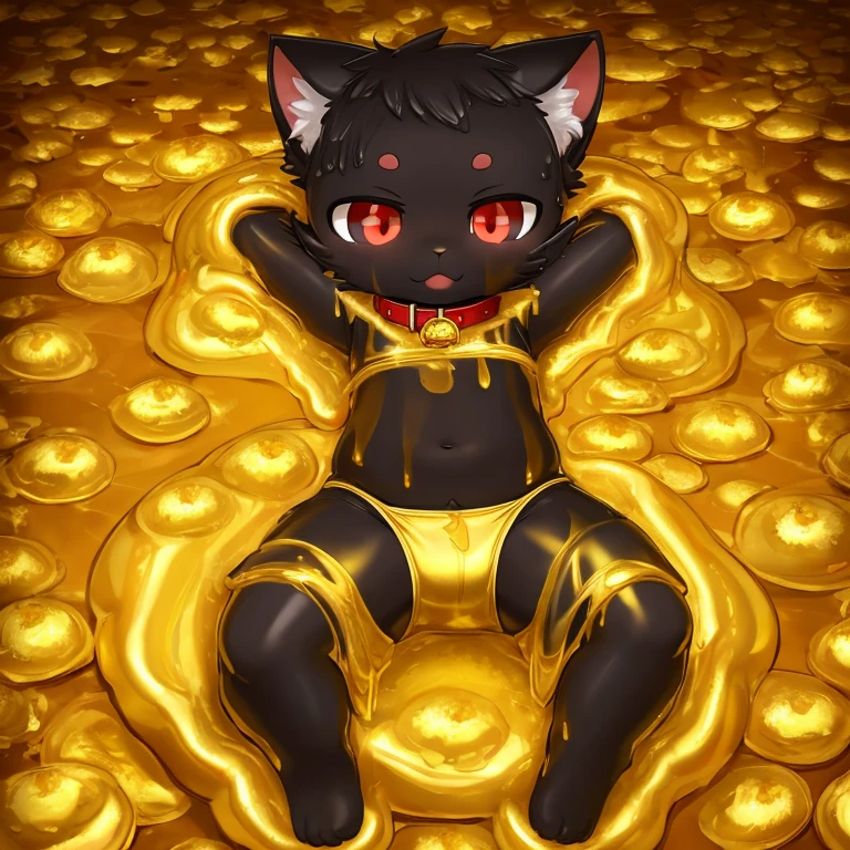 (4K,masterpiece:1.2),super detailed,A black cat in diaper,collar,red pupils,cat ears,cat nose,soaked in golden slime,into the slime,Thighs covered with golden mucus,Golden Slime，The ground is piled with gold, silver and jewelry，gold coins，lie on 