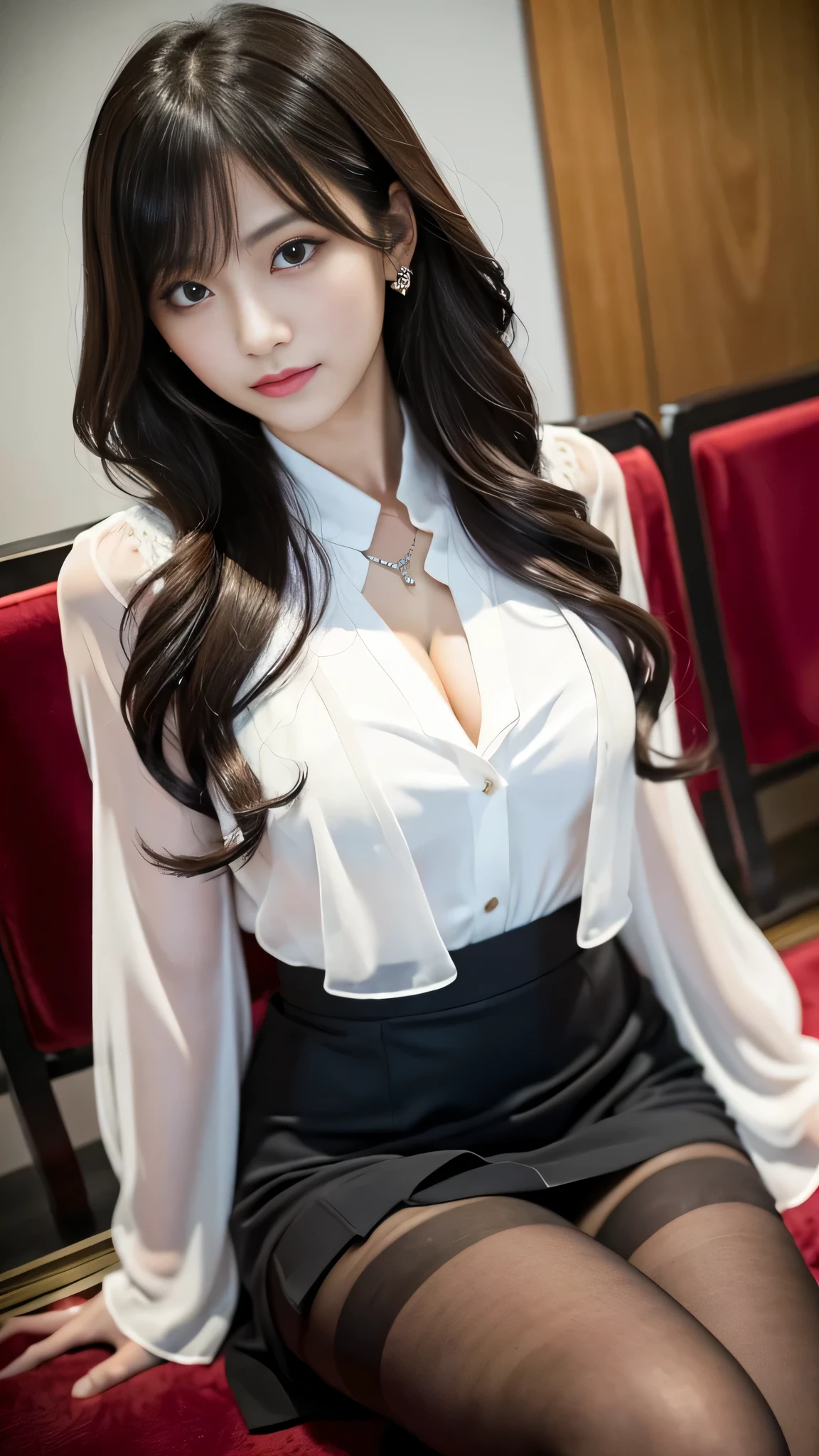 Super detailed、Japanese、charming beauty、seductive adult woman、Dainty woman、sharp eyes、cool girl、wavy hair、suit、Black chiffon、lacy fabric、wide sleeve、Jacket、white blouse、flare skirt、pantyhose、Shiny legs、evilの幹部、evil depravity、brainwashing、Mind control、left hand holding lips、grin、邪evilなな表情、evil、empty eyes、邪evilな、Church of Darkness、seductive pose、