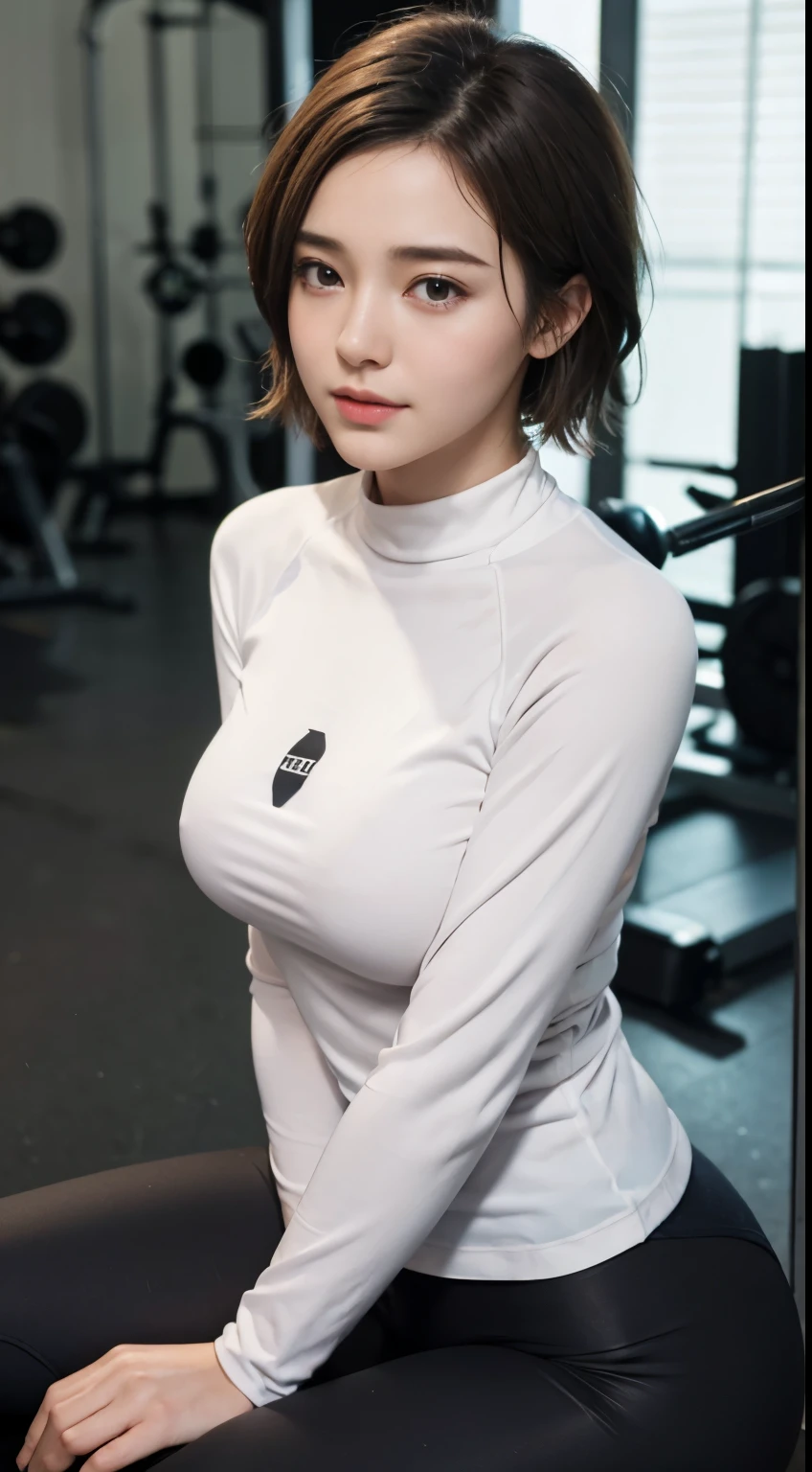 (masterpiece:1.3), (8K, Photoreal, RAW photo, best image quality: 1.4), Japanese high school girl、(Power Rack、ダンベルvery short hair、random hairstyle:1.2,Blue yoga wear with long sleeves and high neck、Long pants leggings、sports shoes)、super detail face、pay attention to details、double eyelid、chest to chest、sharp focus:1.2、Beautiful woman:1.4、light brown hair、highest quality、masterpiece、ultra high resolution、(Photoreal:1.4、Being in the gym、Power Rack、big breasts、Sit on the training bench)、Highly detailed and professional illuminated smile、thin、serious expression、short hair、deadly position,、on top of the wrap、Fancy wallpapers、full body shot