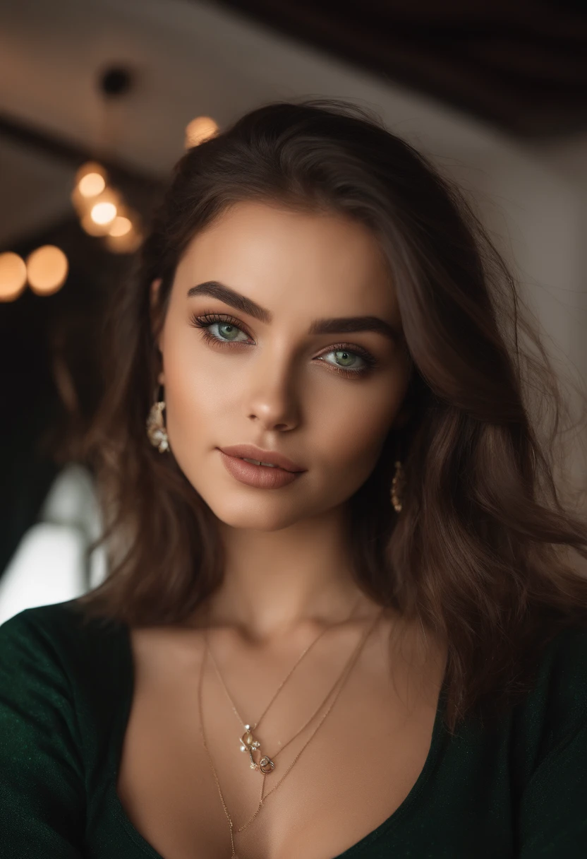 arafed woman with a black tank top and a necklace in a club, with green eyes, portrait sophie mudd, brown hair and large eyes, selfie of a young woman, bedroom eyes, violet myers, without makeup, natural makeup, looking directly at the camera, face with artgram, subtle makeup, stunning full body shot, piercing green eyes, beautiful angle, attractive pose, cute girl, sexy pose, full body, full body shoot, wearing pants and boots
