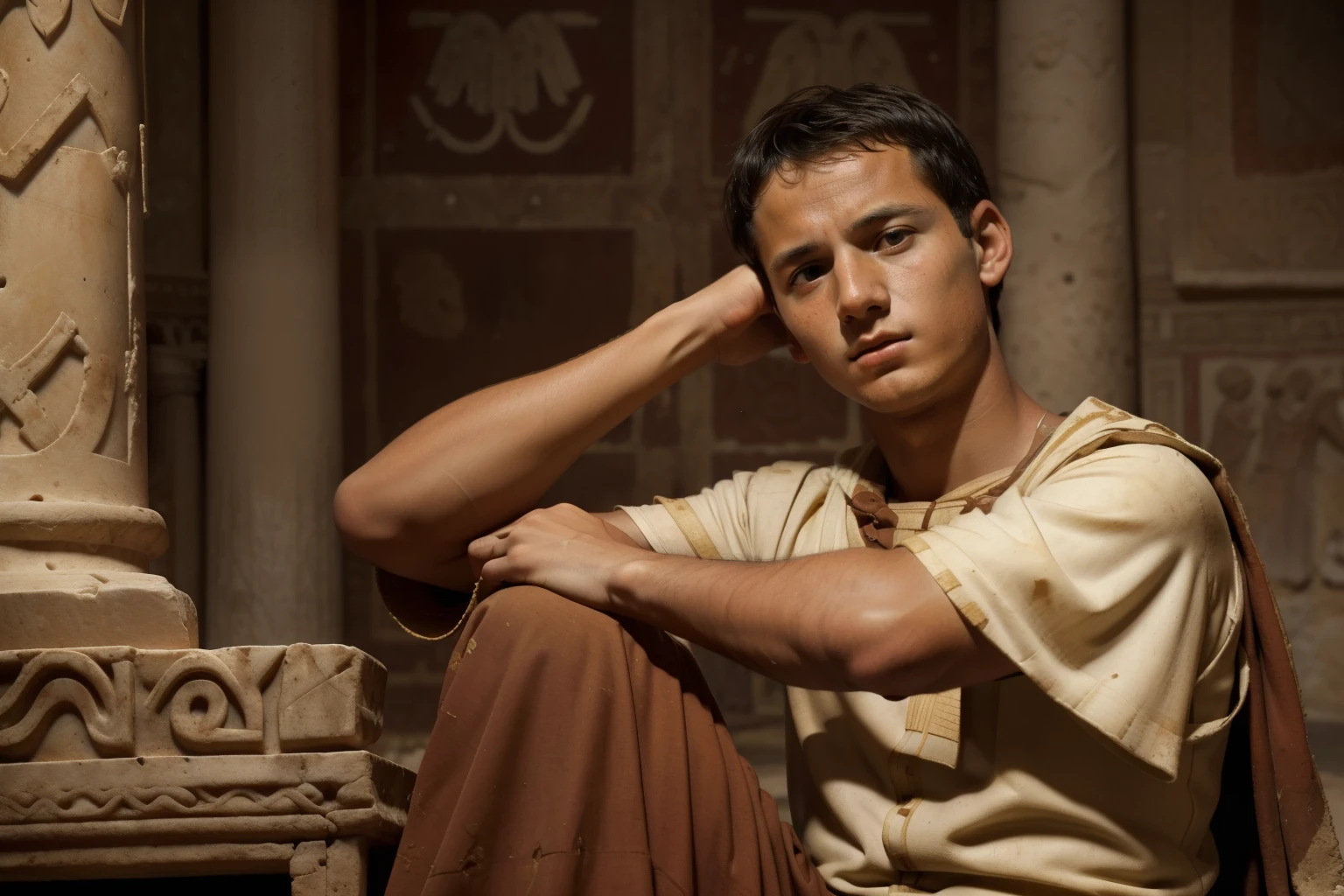 Rome, 77 BC. A young ((((15-year-old)) Julius Caesar)), sitting in a triclinium, ((sad expression)), hands covering his ears. ((((roman clothings from the 1st century BC))))