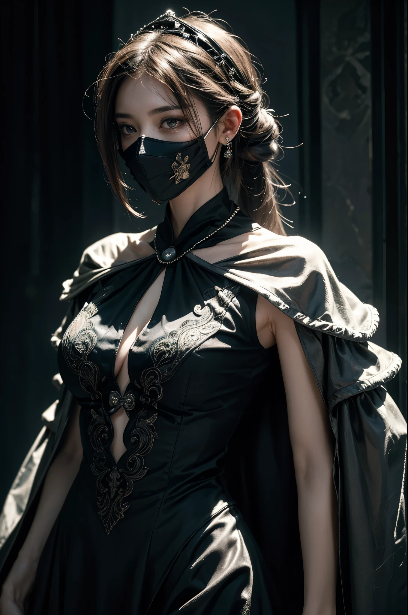 Create a Nicola Samorì-inspired digital art piece depicting a beautiful woman in a futuristic setting, wearing a poison mask, now further obscured by a flowing cloth covering her face. This artwork should highlight the enigmatic interplay of light and shadow, a signature element of Samorì's style, against a backdrop of dense, pitch-black mist, adding depth and foreboding to the scene. Her attire, inspired by Boris Bidjan Saberi and blending art nouveau fashion with intricate details like mesh wire, embroidered patterns, and a pearl earring, contributes to her haunting elegance. The scene captures a stark contrast between the subtle, soft rim lighting and the surrounding darkness, emphasizing the woman's striking yet concealed appearance. The overall mood is one of mysterious beauty, with an intense focus on the detailed metallic bones and semi-human aspects of the cyborg, all rendered in hyper-realistic detail with octane render and 8k post-production quality