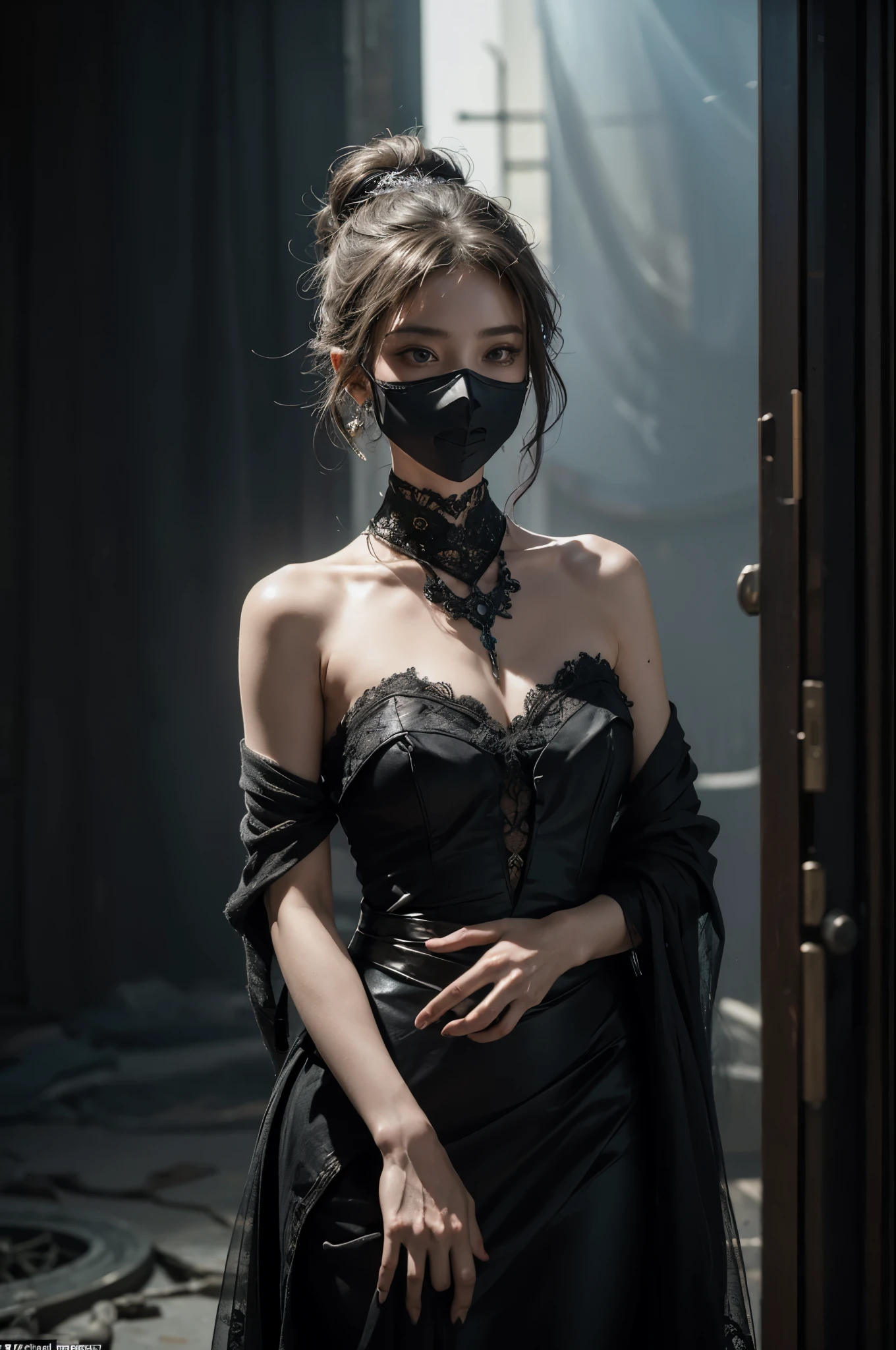 Create a Nicola Samorì-inspired digital art piece depicting a beautiful woman in a futuristic setting, wearing a poison mask, now further obscured by a flowing cloth covering her face. This artwork should highlight the enigmatic interplay of light and shadow, a signature element of Samorì's style, against a backdrop of dense, pitch-black mist, adding depth and foreboding to the scene. Her attire, inspired by Boris Bidjan Saberi and blending art nouveau fashion with intricate details like mesh wire, embroidered patterns, and a pearl earring, contributes to her haunting elegance. The scene captures a stark contrast between the subtle, soft rim lighting and the surrounding darkness, emphasizing the woman's striking yet concealed appearance. The overall mood is one of mysterious beauty, with an intense focus on the detailed metallic bones and semi-human aspects of the cyborg, all rendered in hyper-realistic detail with octane render and 8k post-production quality