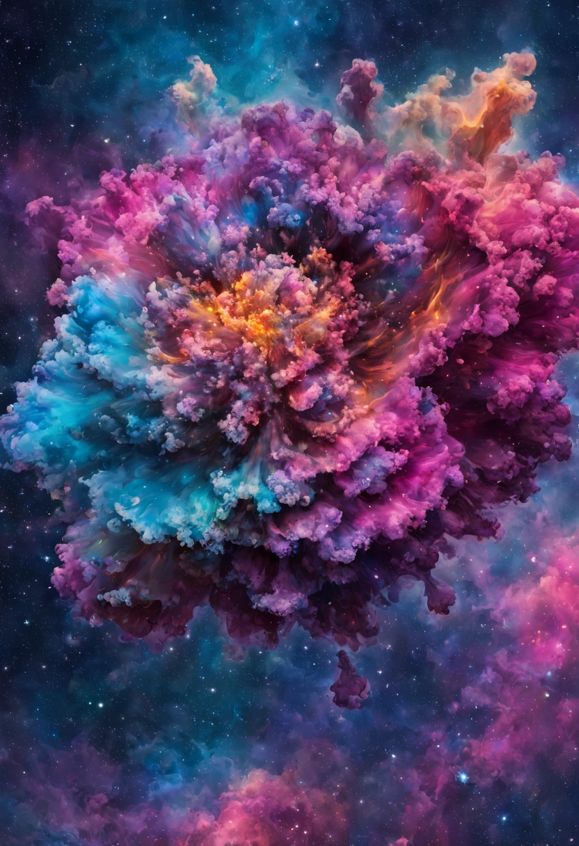 A beautiful colorful magical liquid ink splatter space flower, swirling, astral, ethereal, whimsical nebulous magellanic cloud of ink splatters. Hyperrealistic, splash art, concept art, mid shot, intricately detailed, color depth, dramatic, 2/3 face angle, side light, colorful background, colored alcohol inks