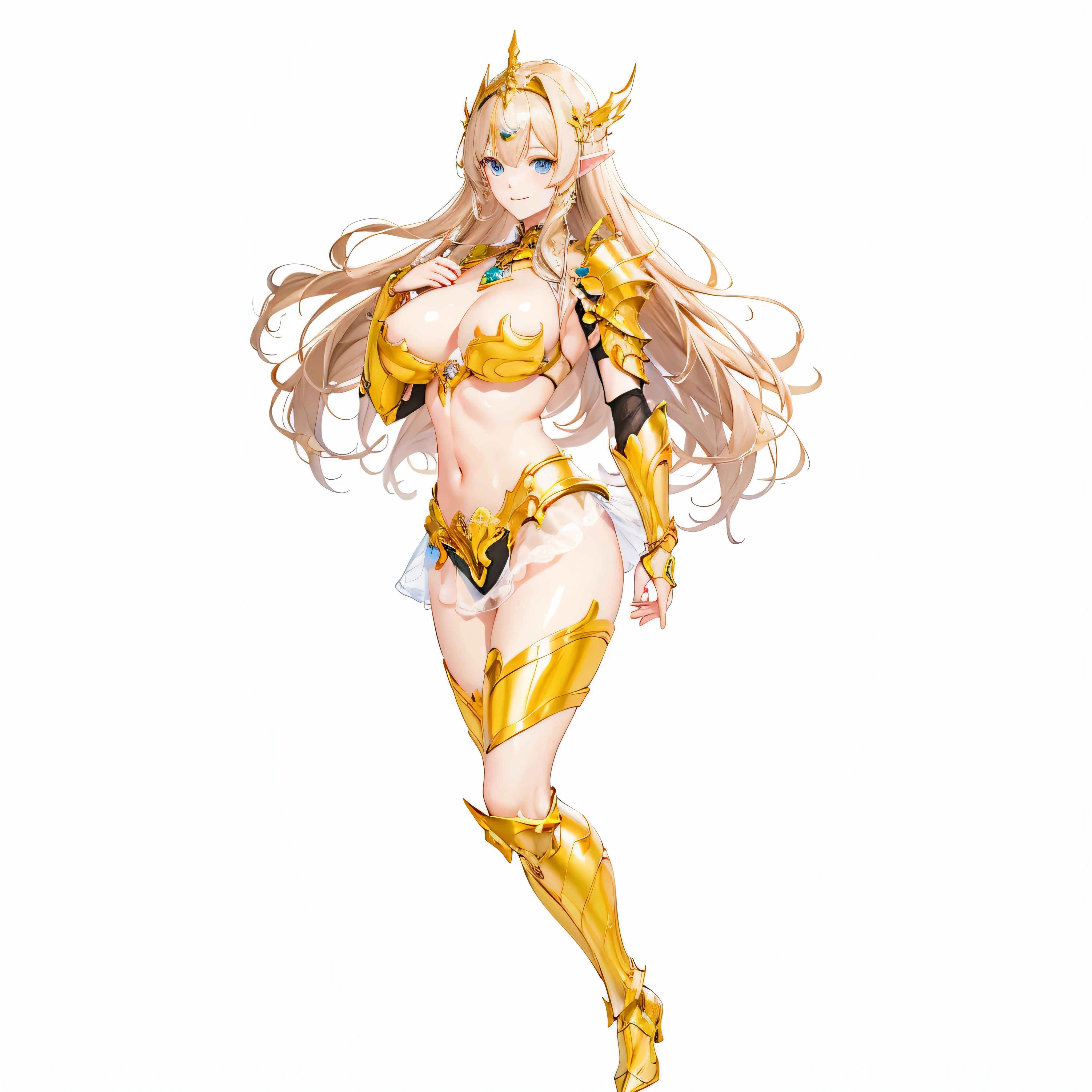 masterpiece、highest quality、very detailed、High resolution、16k、Thin contours、I can see the nipples、chest proportions、elfの女の子、golden armor shines、Sheer white skirt、black pants、very white skin、beautiful fingers、Anime girl very big breasts naked pose、perfect style、elf、No bra、blonde blue eyes、cool smile