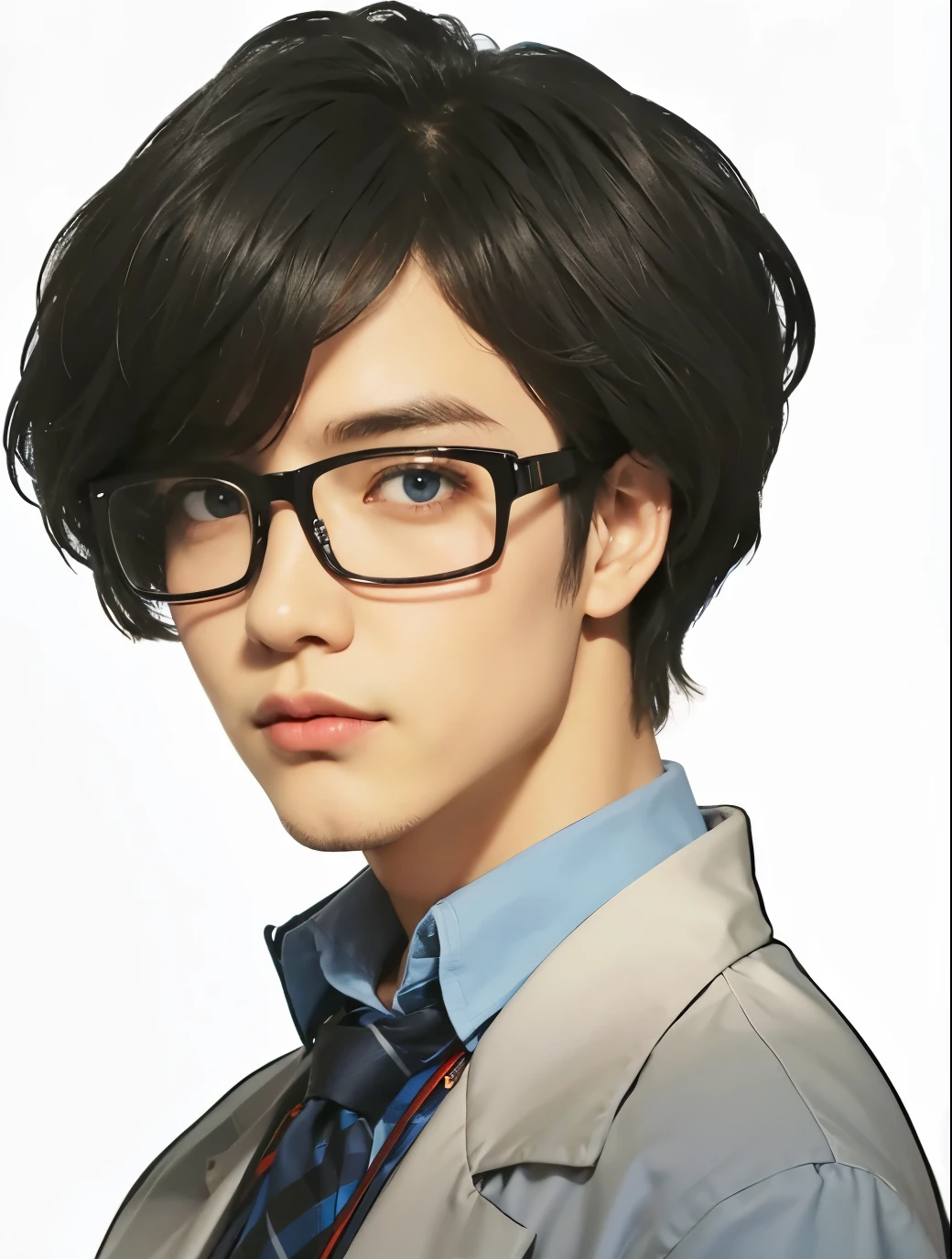 glasses,black hair,Divided into 73,less big breasts々stubble,white clothes,eyes are black,Blue checked tie,light blue shirt,photograph,8K,highest quality,best details