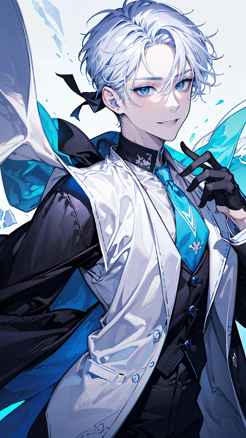 ung man,solo, male photo,confident smile, silver hair, ((short hair)), (short sideburns),light blue eyes, slant eyes,anatomically correct,blue ribbon tie,((black gloves)),((white cloak)),black suit,beautiful japanese style background,best quality, high quality,masterpiece, 8K