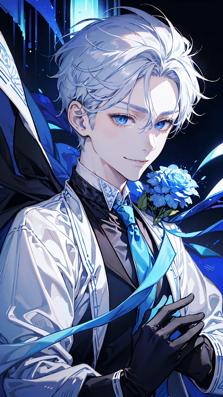 1young man,solo, male photo,confident smile, silver hair, ((short hair)), (short sideburns),light blue eyes, slant eyes,anatomically correct,blue ribbon tie,((black gloves)),((white cloak)),black suit,beautiful japanese style background,best quality, high quality,masterpiece, 8K