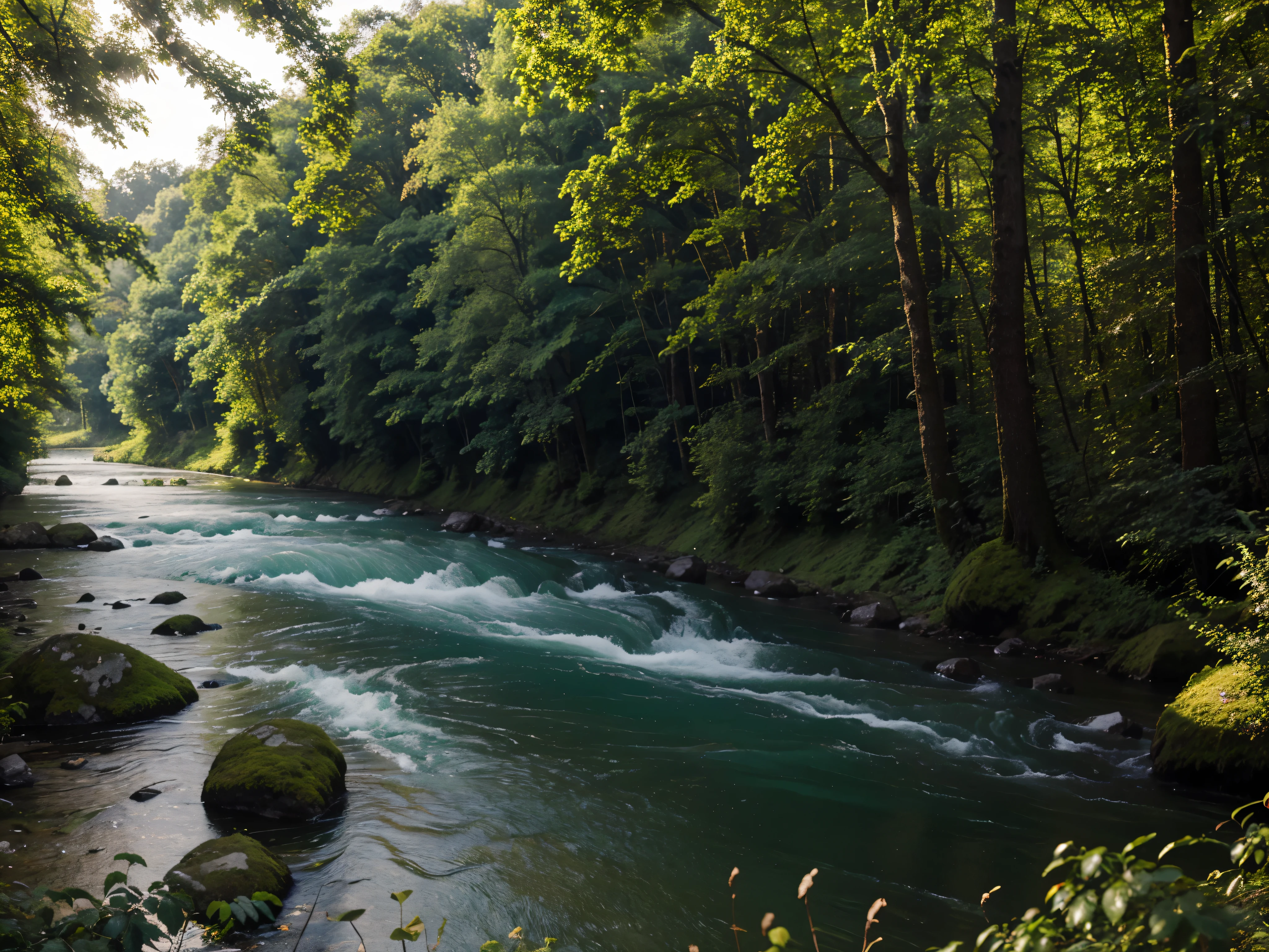 green forest with a river of maximum quality