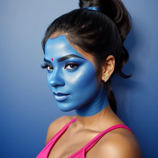 Sexy Latina woman,blue face makeup, ponytail,genie