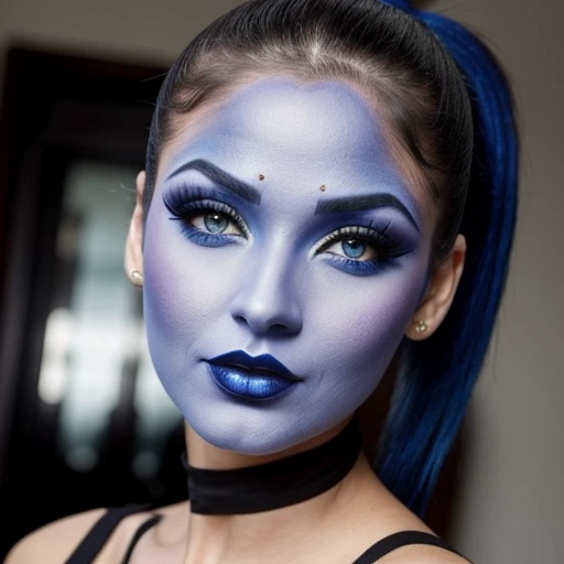 Sexy goth woman,blue face makeup, ponytail,genie