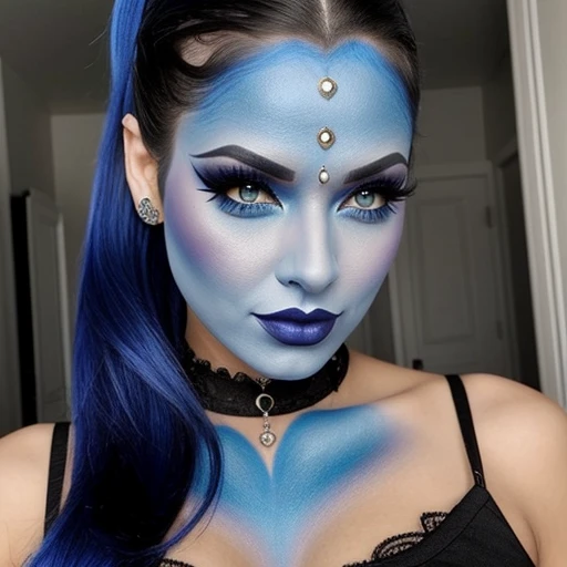 Sexy goth woman,blue face makeup, ponytail,genie