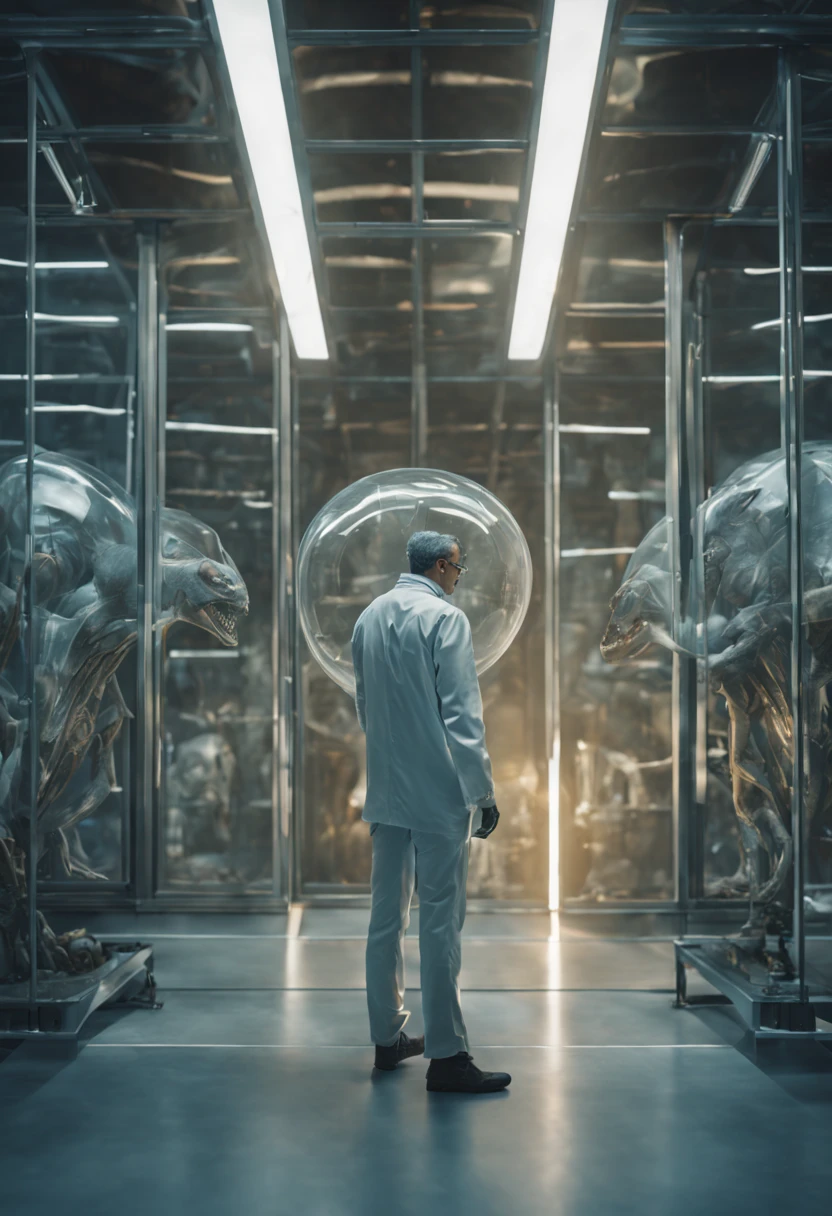 MAN in a cube with transparent glass walls, the aliens doctor observes the creature in the laboratory, high detail, hdr, UHD 8K resolution.