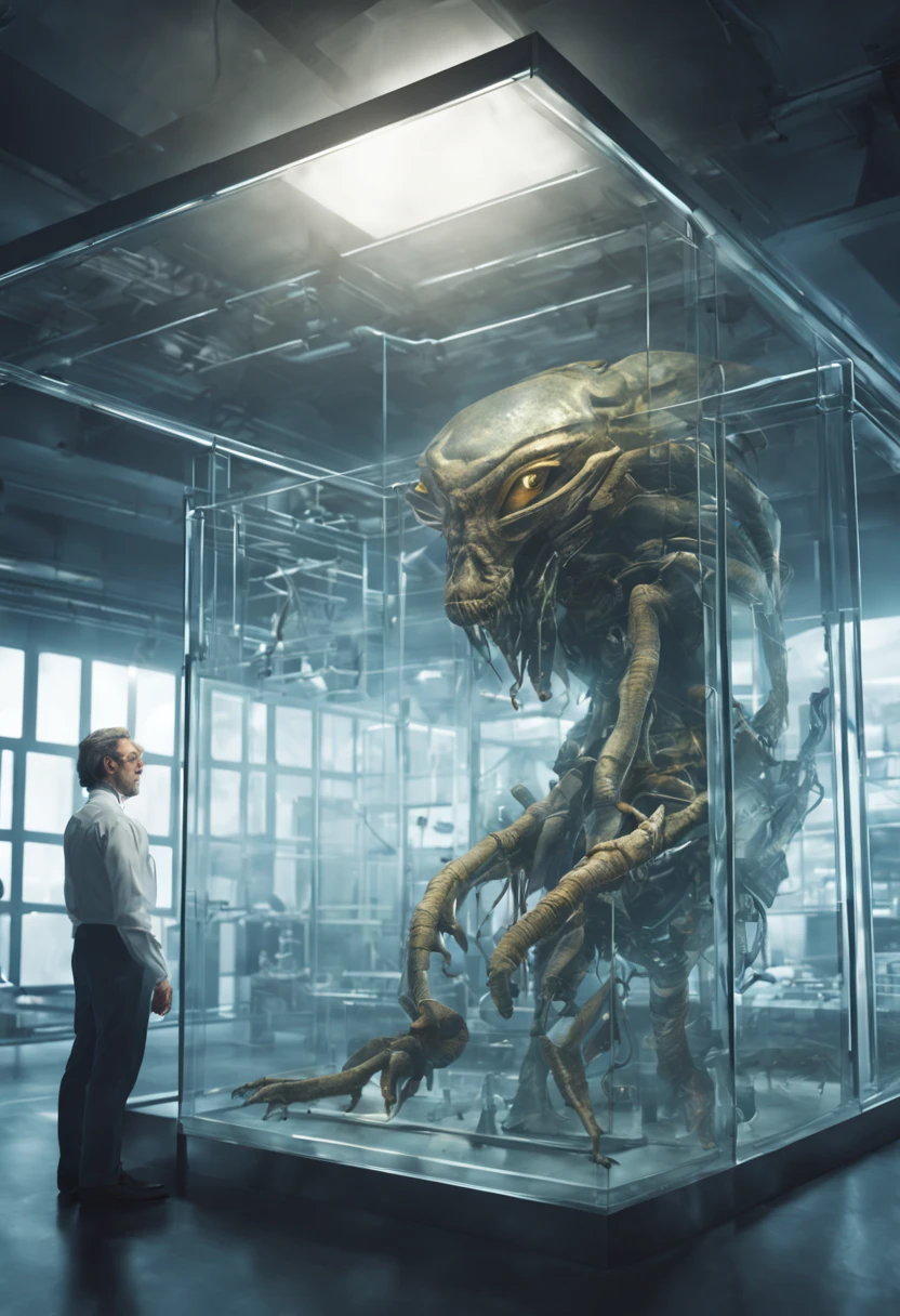 MAN  in a cube with transparent glass walls, the aliens doctor observes the creature in the laboratory, high detail, hdr, UHD 8K resolution.
