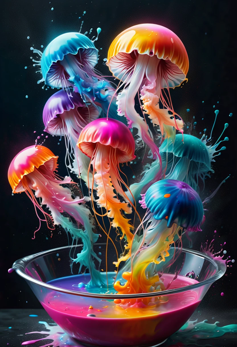 (best picture quality，4k,8k，high-definition，masterpiece:1.2)，Ultra-detailed，(lifelike，lifelike，lifelike:1.37)。ink painting，art masterpice，Mr. Jellyfish in the glass bathtub，Angry jellyfish sprays colorful ink，（ink splash effect：1.37，Sprayed paint：1.37.splash of colorful paint，paint splatter background，）Energetic movement，Dynamic and powerful abstract art，rich colors，propylene，Vivid rainbow hues，Happy and lively atmosphere，bright orange，Pink，Whimsical and dreamy，Spontaneous splashing，bold color contrast。